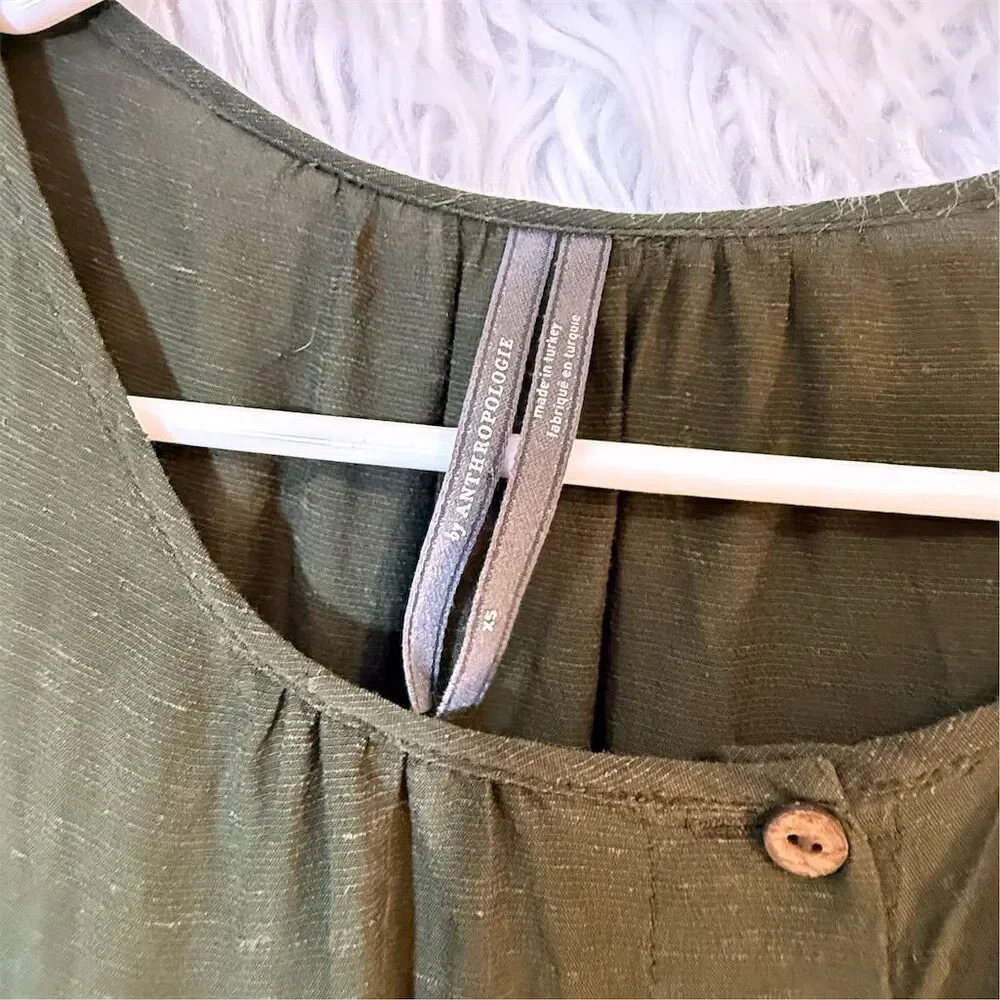 Anthropologie Nicole Puff Sleeve Shirtdress XS Olive Green Knee Length